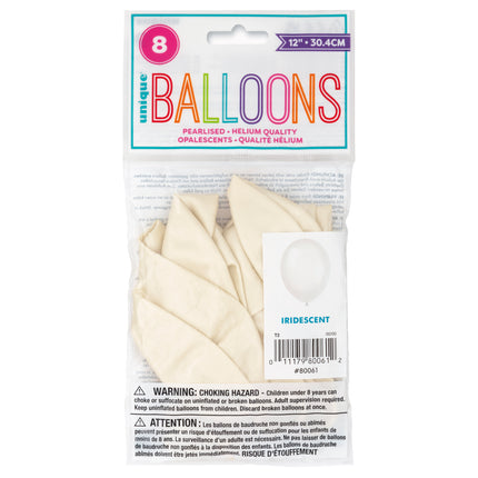 12" Perłowe balony Premium, 8 sztuk - opalizujące białe