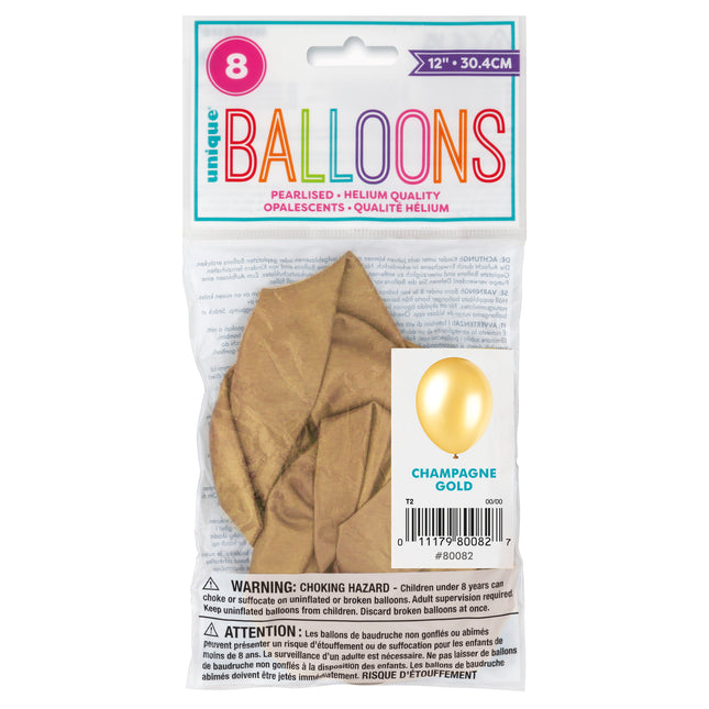12" Perłowe balony premium, 8 sztuk - złoty szampan