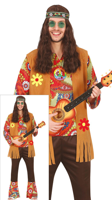 Męski kostium hippie 60S z brązową kamizelką