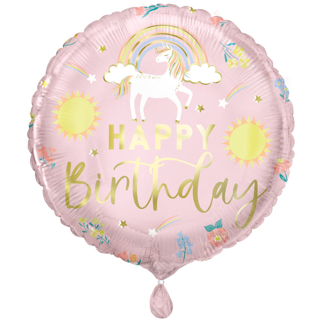 Okrągły balon foliowy Dainty Unicorn "Happy Birthday" 18" , w opakowaniu