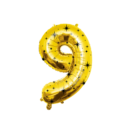 9 Jaar Cijfer Ballon Goud Zwart Sterren 86cm - Partywinkel - 8716764247200