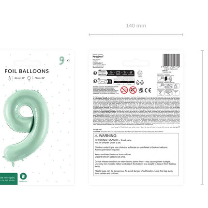 9 Jaar Cijfer Ballon Mintgroen Leeg 72cm van Partydeco koop je bij Partywinkel