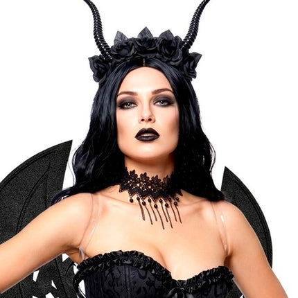 Halloweenowa opaska na włosy – czarna z motywem diabła i kwiatka