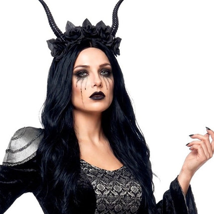 Halloweenowa opaska na włosy – czarna z motywem diabła i kwiatka