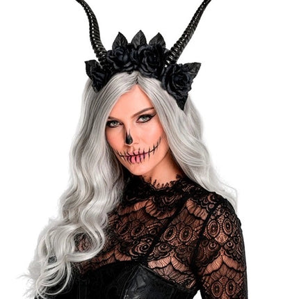 Halloweenowa opaska na włosy – czarna z motywem diabła i kwiatka