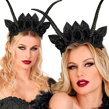 Halloweenowa opaska na włosy – czarna z motywem diabła i kwiatka