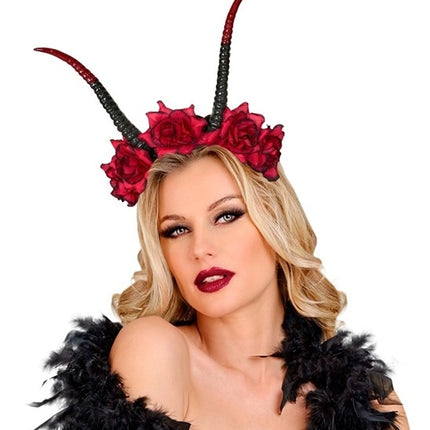 Opaska na włosy na Halloween – czarna, czerwona, z motywem diabła i kwiatka