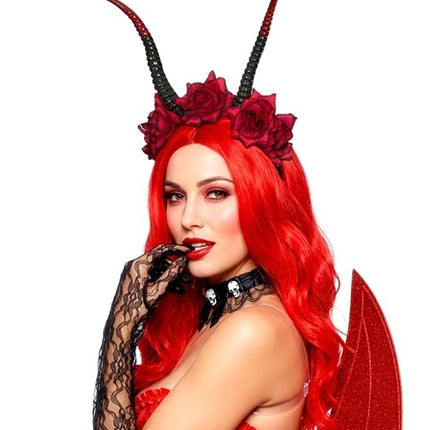 Opaska na włosy na Halloween – czarna, czerwona, z motywem diabła i kwiatka