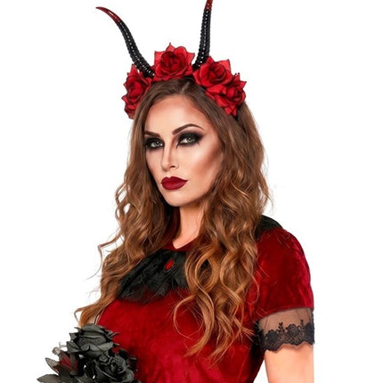 Opaska na włosy na Halloween – czarna, czerwona, z motywem diabła i kwiatka