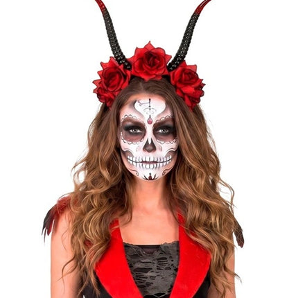Opaska na włosy na Halloween – czarna, czerwona, z motywem diabła i kwiatka
