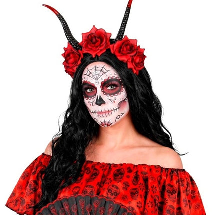 Opaska na włosy na Halloween – czarna, czerwona, z motywem diabła i kwiatka