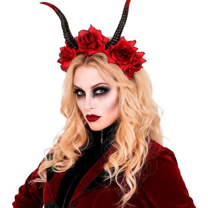 Opaska na włosy na Halloween – czarna, czerwona, z motywem diabła i kwiatka