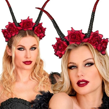 Opaska na włosy na Halloween – czarna, czerwona, z motywem diabła i kwiatka