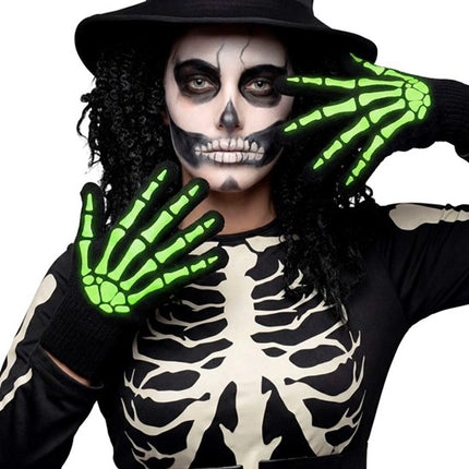 Rękawiczki na Halloween – czarne i białe, z motywem szkieletu, świecące w ciemności