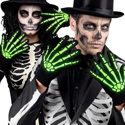Rękawiczki na Halloween – czarne i białe, z motywem szkieletu, świecące w ciemności