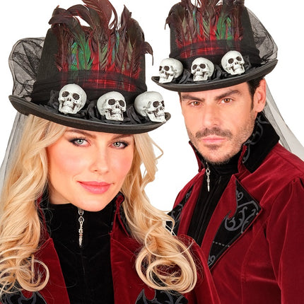 Halloweenowy kapelusz wysoki z czaszkami