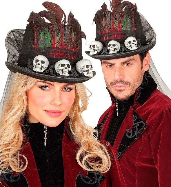 Halloweenowy kapelusz wysoki z czaszkami