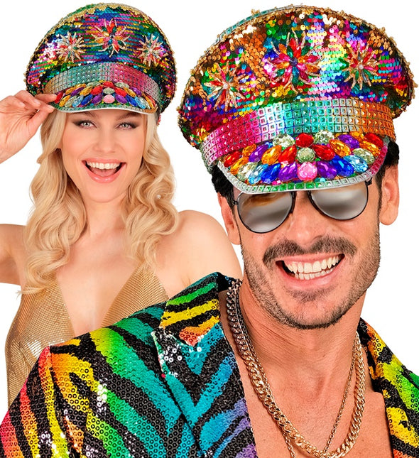 Tęczowa czapka z cekinami