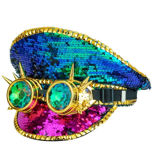 Kolorowa czapka z cekinami z goglami