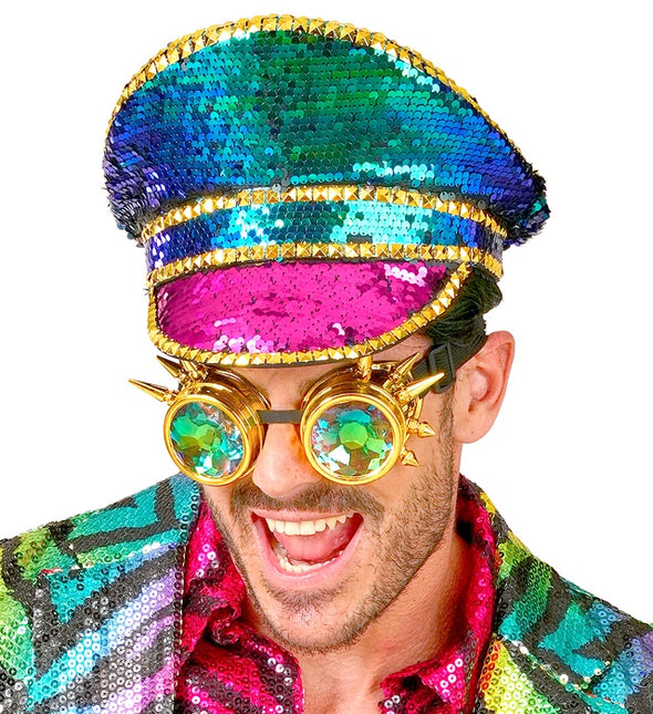 Kolorowa czapka z cekinami z goglami