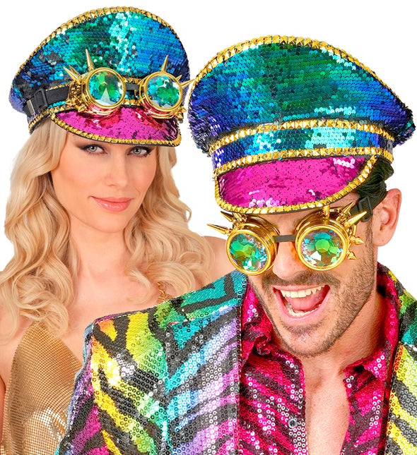 Kolorowa czapka z cekinami z goglami