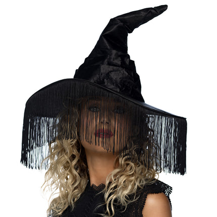 Halloweenowy kapelusz czarownicy z czarnymi frędzlami