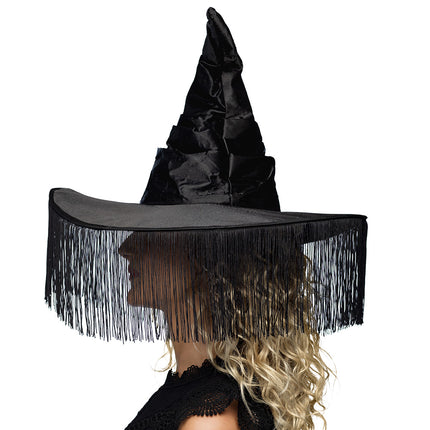 Halloweenowy kapelusz czarownicy z czarnymi frędzlami