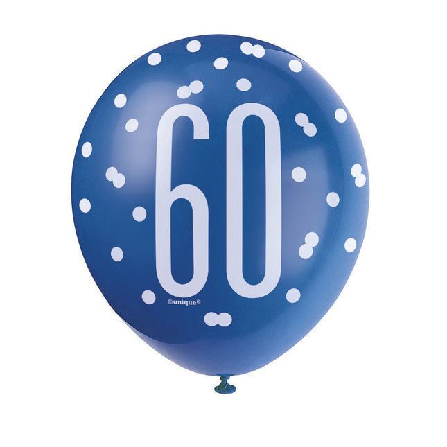 Ballonnen 60 Jaar Stippen Blauw 30cm 6st van Unique koop je bij Partywinkel