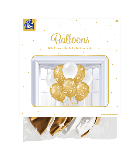 Ballonnen 80 Jaar Goud Wit 30cm 8st van Paper Dreams koop je bij Partywinkel