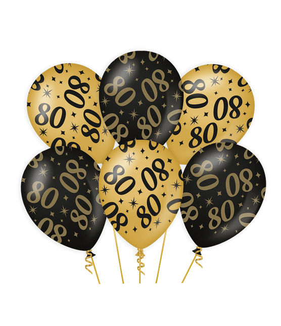 Ballonnen 80 Jaar Goud Zwart 30cm 6st van Paper Dreams koop je bij Partywinkel