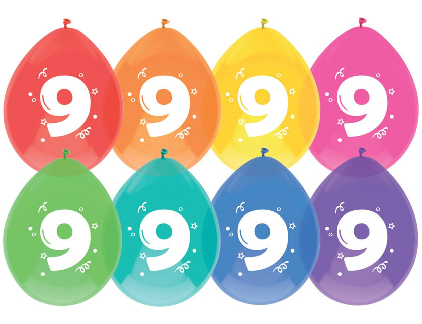 Ballonnen 9 Jaar Gekleurd 30cm 8st van Haza Witbaard koop je bij Partywinkel