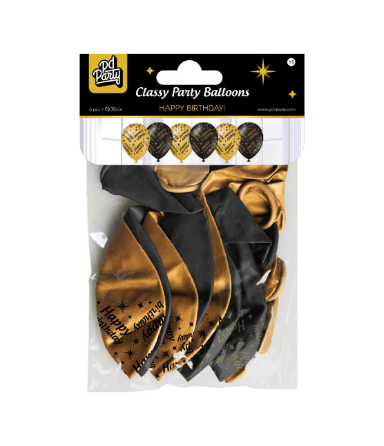Ballonnen Happy Birthday Goud Zwart 30cm 6st van Paper Dreams koop je bij Partywinkel
