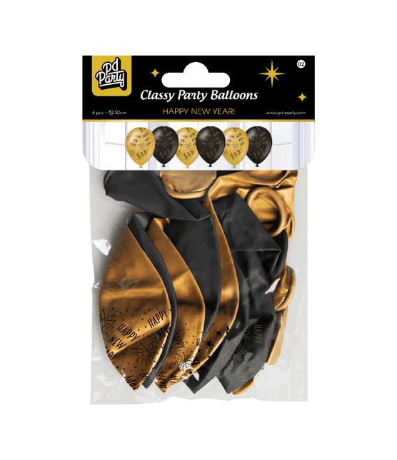 Ballonnen Happy New Year Goud Zwart 30cm 6st van Paper Dreams koop je bij Partywinkel
