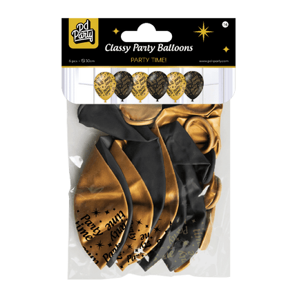 Ballonnen Party Time Goud Zwart 30cm 6st van Paper Dreams koop je bij Partywinkel