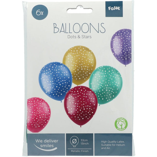 Ballonnen Stippen & Sterren Gekleurd 33cm 6st van Folat koop je bij Partywinkel
