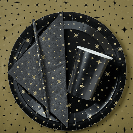 Bekers Gouden Sterren Zwart 13cm 8st van Paper Dreams koop je bij Partywinkel