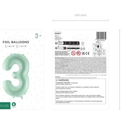 Balon z figurką na 3 lata miętowo-zielony 72 cm