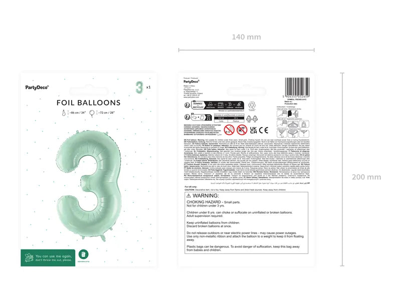 Balon z figurką na 3 lata miętowo-zielony 72 cm