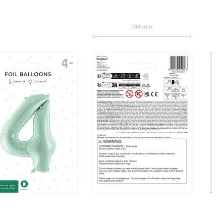 Balon z figurką na 4 lata miętowo-zielony pusty 72 cm