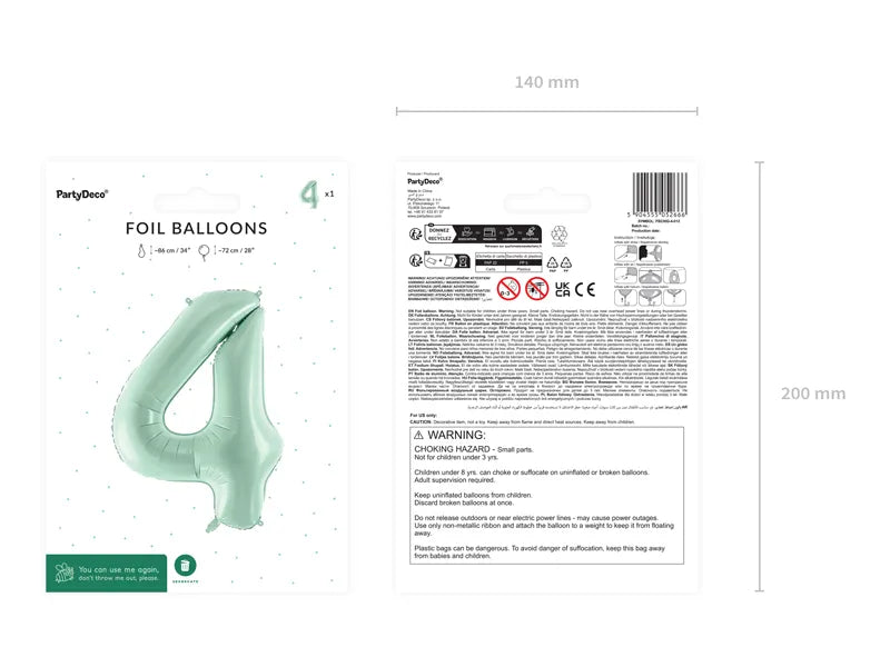 Balon z figurką na 4 lata miętowo-zielony pusty 72 cm