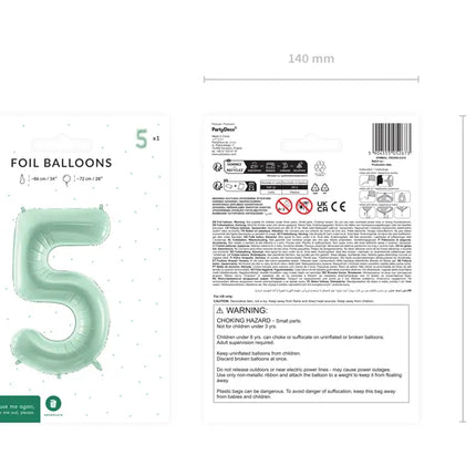 Balon z figurką na 5 lat miętowo-zielony pusty 72 cm