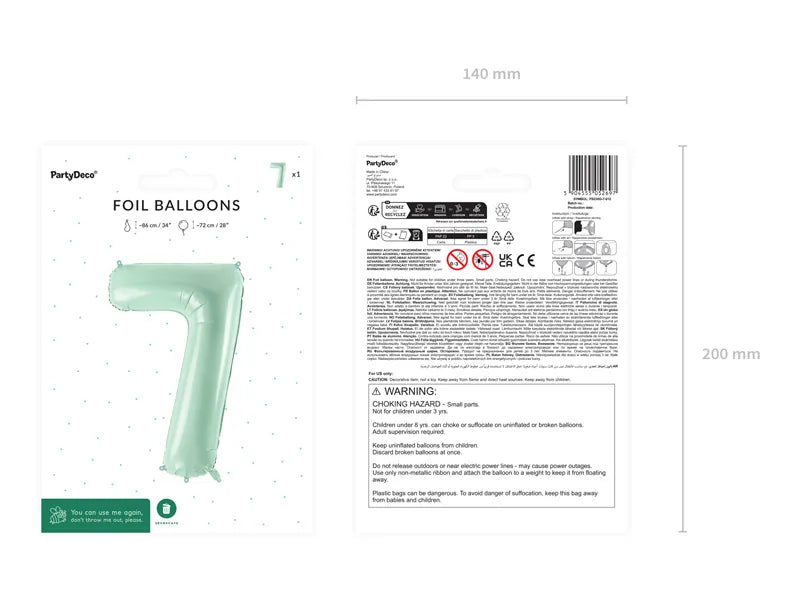 Balon z figurką na 7 lat miętowo-zielony pusty 72 cm