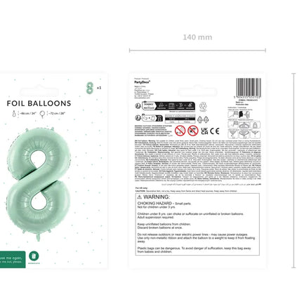 Balon z figurką na 8 lat miętowo-zielony pusty 72 cm