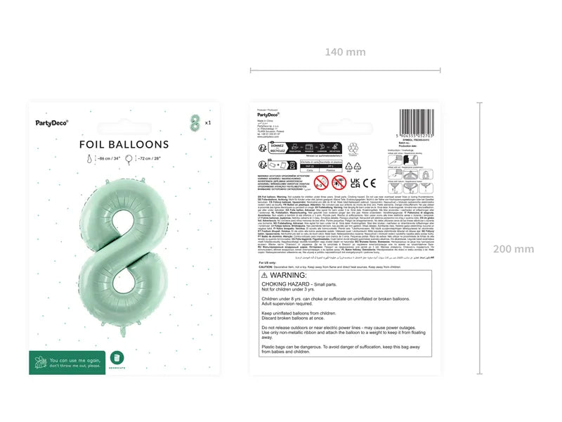 Balon z figurką na 8 lat miętowo-zielony pusty 72 cm