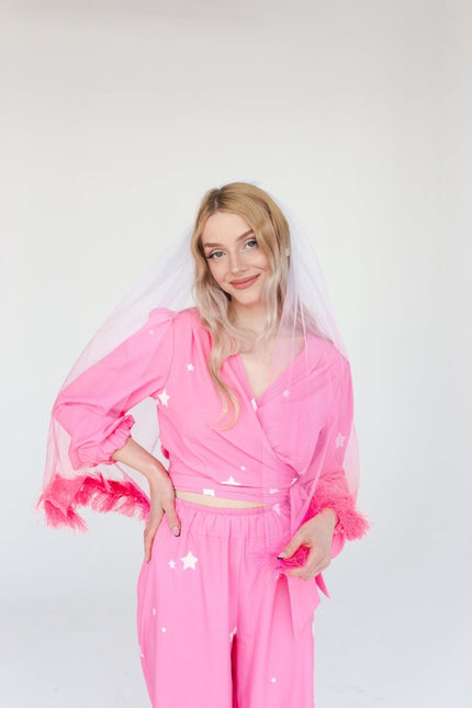 Bruiloft Sluier Wit Met Roze Kwastjes van Partydeco koop je bij Partywinkel