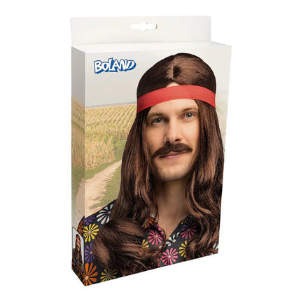 Bruin Pruik Lang Met Haarband En Snor van Boland koop je bij Partywinkel
