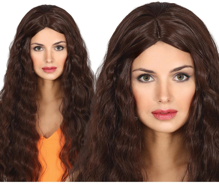 Bruine Pruik Lang Haar Golvend van Fiestas Guirca koop je bij Partywinkel