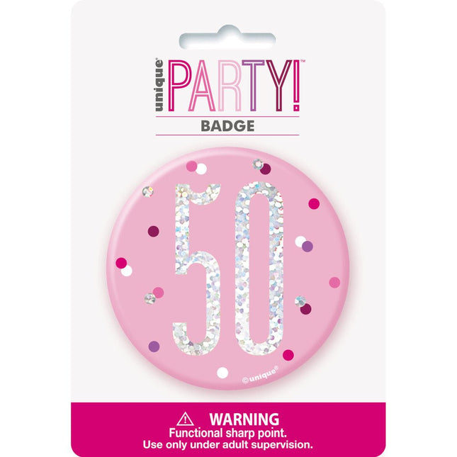 Button 50 Jaar Roze 7cm van Unique koop je bij Partywinkel