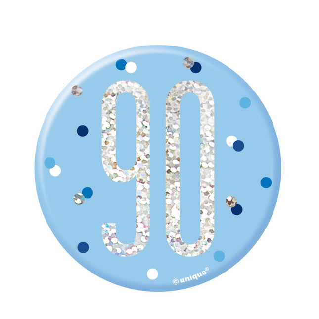 Button 90 Jaar Blauw 7cm van Unique koop je bij Partywinkel