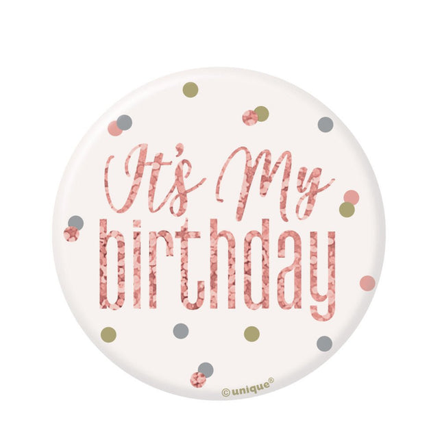 Button It's My Birthday Rose Goud 8cm van Unique koop je bij Partywinkel